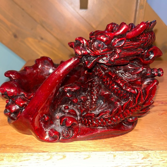 Vintage Chinese Red Lacquer Resin Dragon Holder Candle, Trinket, Ashtray Coins - Picture 3 of 10